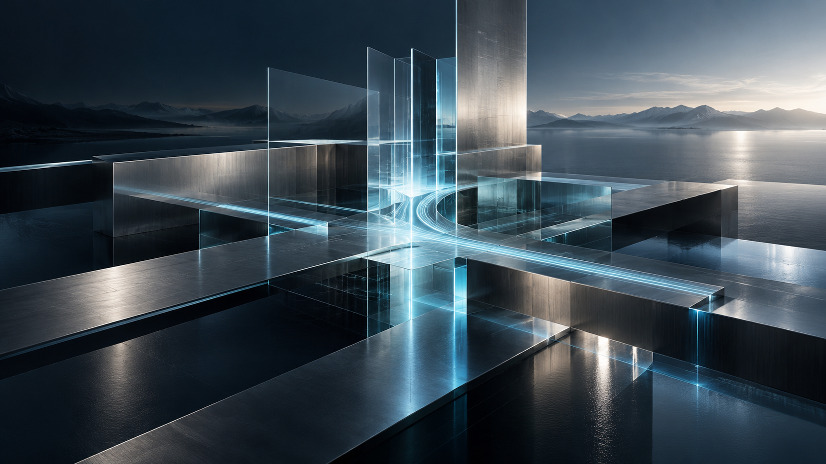 Interlocking architectural planes connected by illuminated pathways